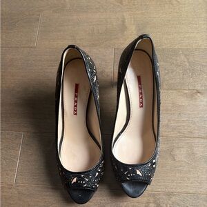 Prada Black Lace Peep-Toe Heels